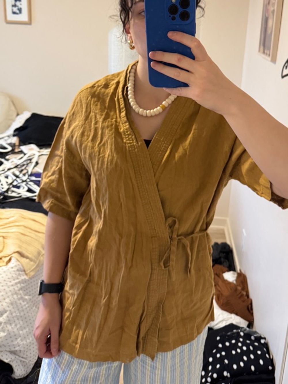 Mustard oversize Wrap Top Linen Kimono with Short Sleeves